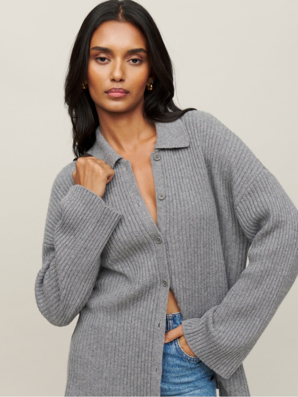 Reformation Grey Ribbed Button-Front Cardigan